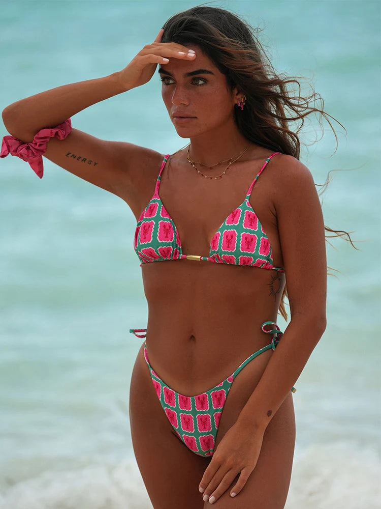 Conjunto de Biquíni Feminino Estampado de Cintura Baixa