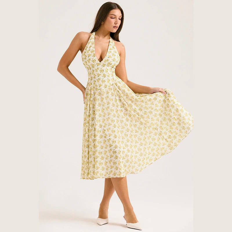 Vestido Midi Floral Elegante com Decote V