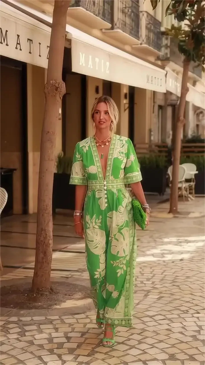 Produto Impressão flor feminina macacões para o verão manga curta bandagem solta moda streetwear macacão calças de perna larga 2024 - 1