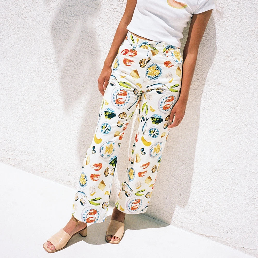 Calça Jeans Feminina Estampada de Frutas