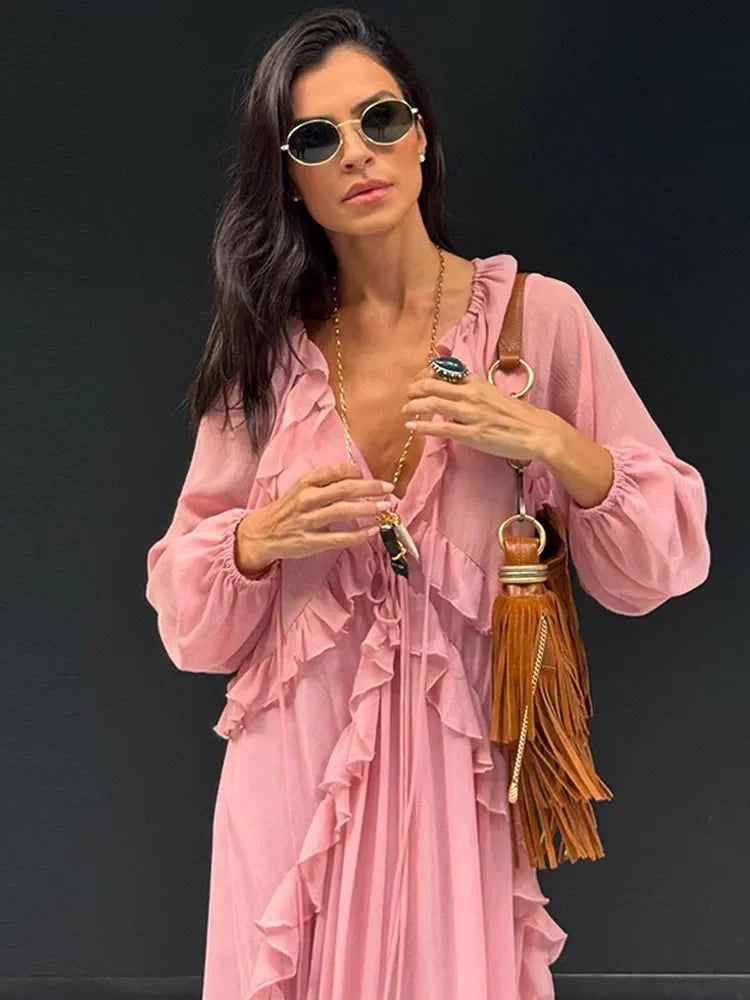 Vestido Longo de babados Rosa Boho