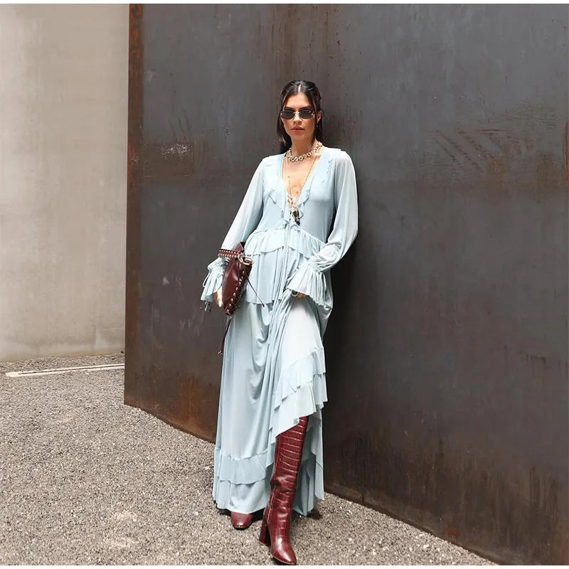 Elegante babados hem azul vestido longo moda feminina alargamento manga cheia decote em v rendas até vestidos midi verão 2025 casual férias robes