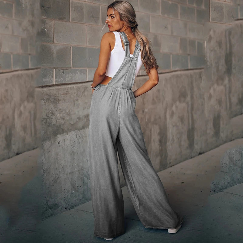 Macacão Jeans Boho Feminino de Perna Larga