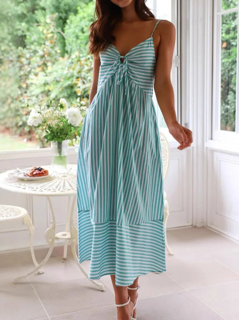 Moda longa praia sexy vestido vintage para as mulheres 2025 novo vestido de verão feminino com decote em v sexy listrado estilingue vestido férias