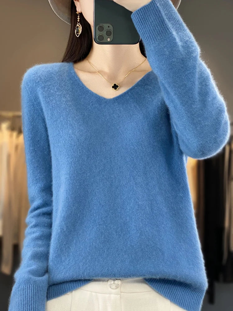 Fashion100% suéter de lã merino caxemira pulôver feminino malhas com decote em v manga comprida outono inverno moda roupas básicas tops