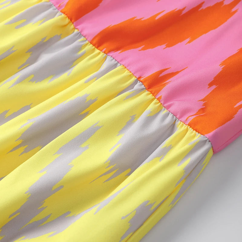 Produto Vestido estampado em retalhos para mulheres, gola redonda chique, vestidos grandes sem mangas, férias femininas, nova moda, verão 2024 - 1