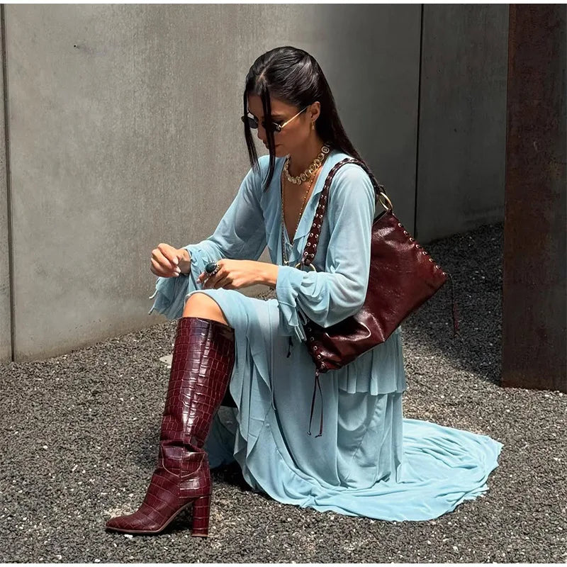 Elegante babados hem azul vestido longo moda feminina alargamento manga cheia decote em v rendas até vestidos midi verão 2025 casual férias robes