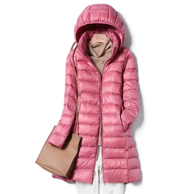 Mulheres de inverno fino para baixo casacos remover com capuz parka cor sólida feminino longo luz fina outerwear senhora moda quente puffer jaquetas
