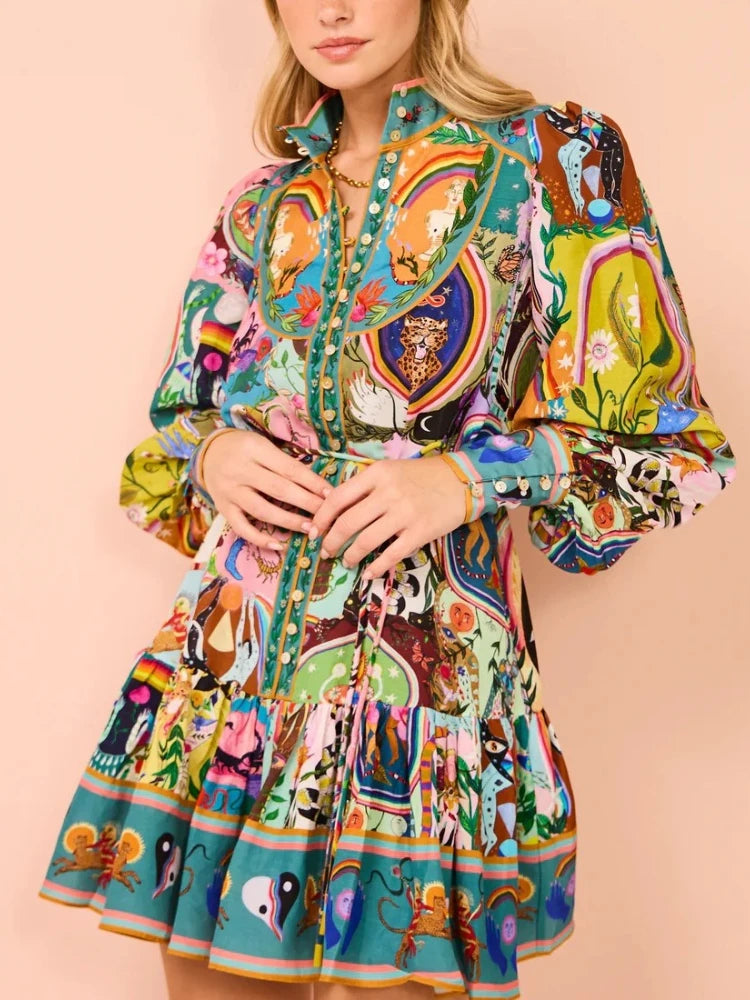 Vestido Camisa Estampado com Manga Puff