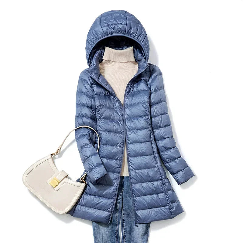Mulheres de inverno fino para baixo casacos remover com capuz parka cor sólida feminino longo luz fina outerwear senhora moda quente puffer jaquetas