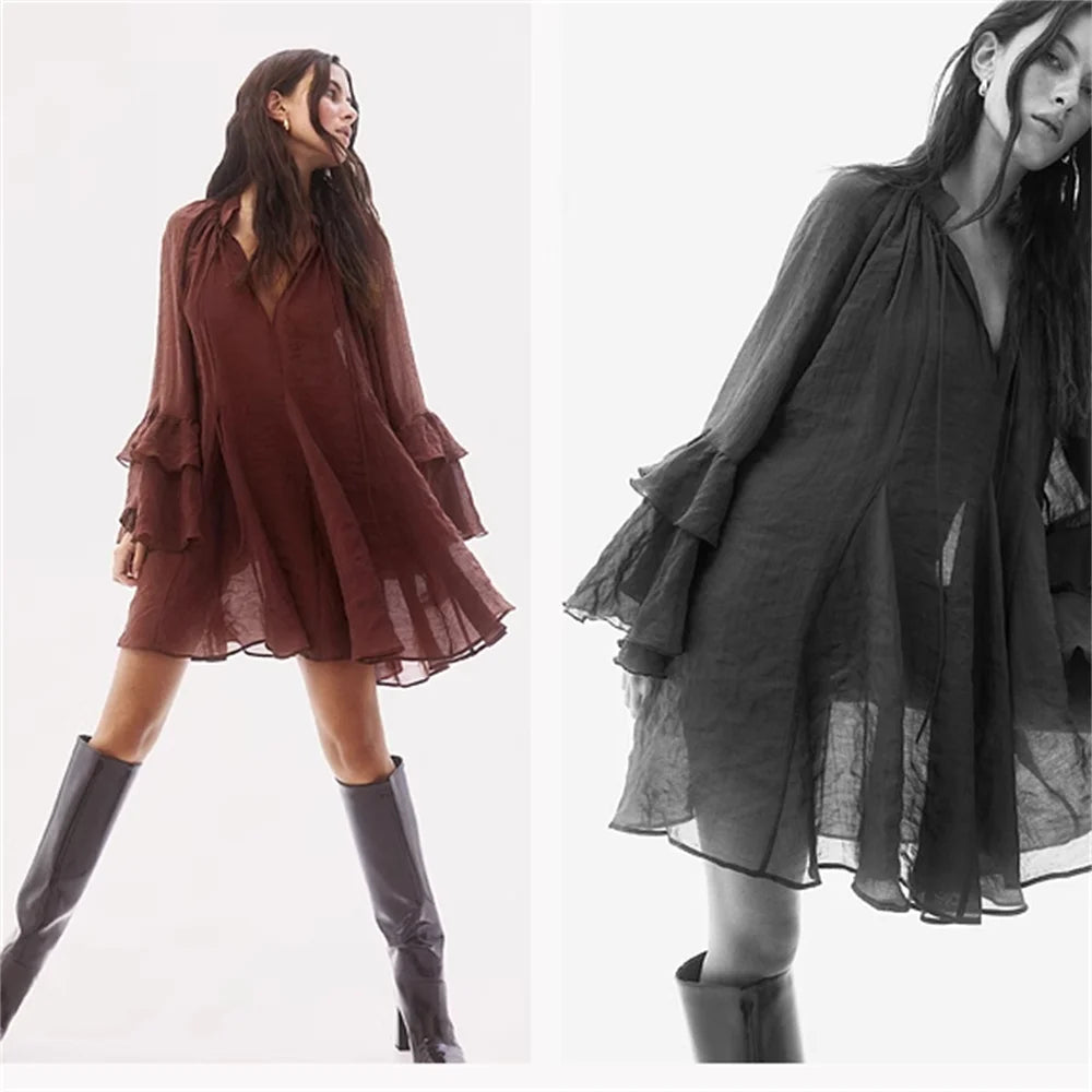 2025 moda nova feminina casual design elegante com estilo europeu e americano versátil manga longa plissado borda vestido