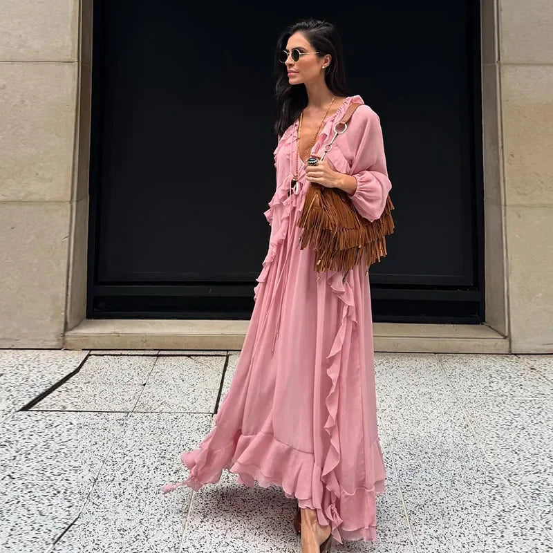 Vestido Longo de babados Rosa Boho