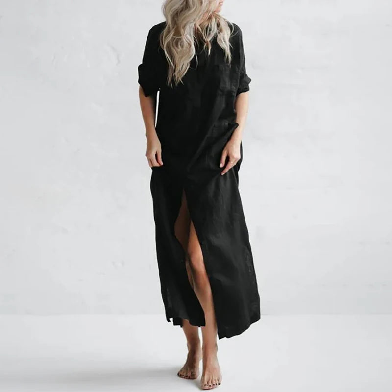 Vestido Chemise Midi de Algodão e Linho na cor preta: peça clássica e elegante para ter no guarda-roupa. Ideal para qualquer ocasião. Encontre aqui na loja Klohe.