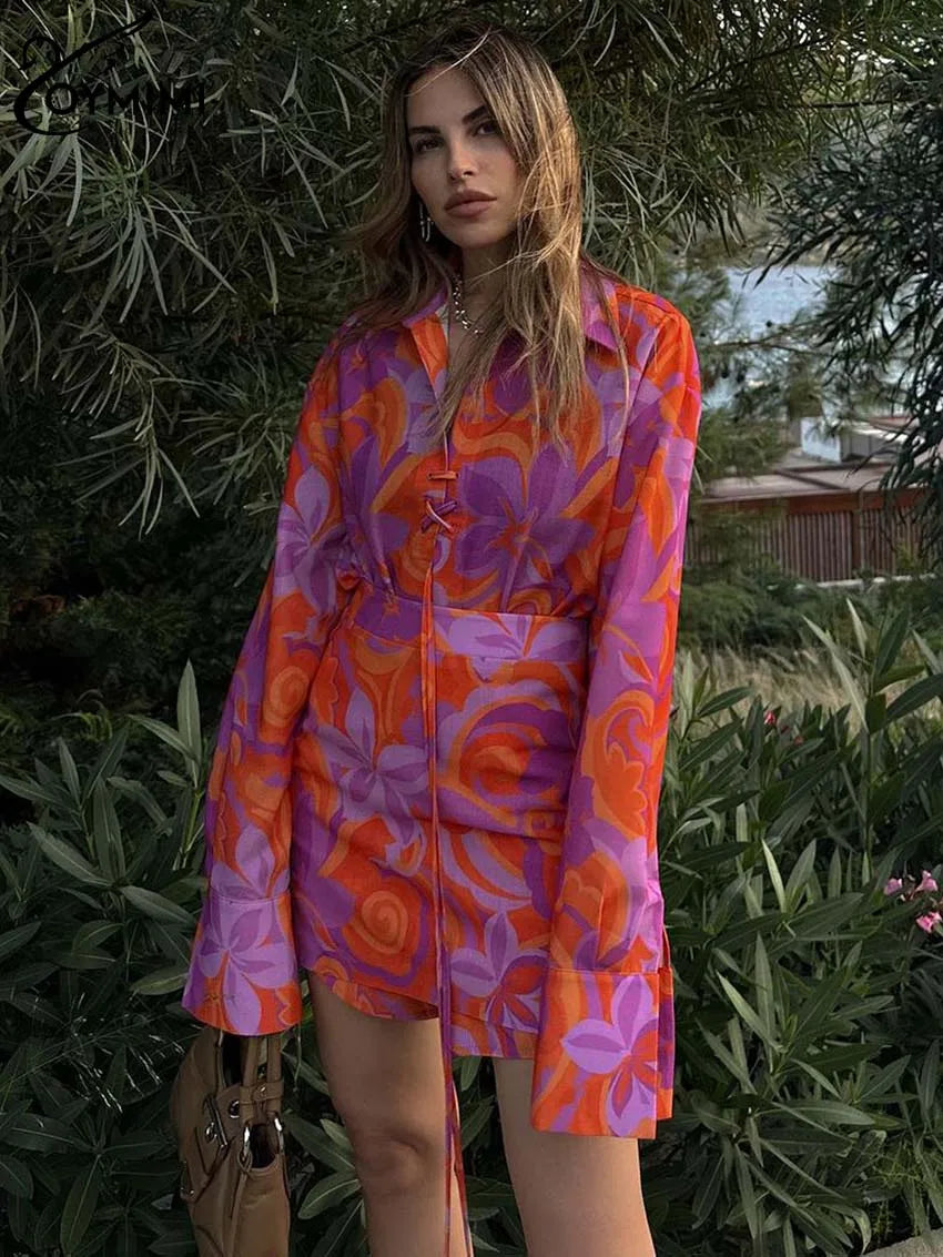 Produto OYMIMI-Conjunto de mini saias e camisas com renda de manga comprida para mulheres, roupa reta, estampa laranja, cintura alta, moda elegante, 2 peças - 1