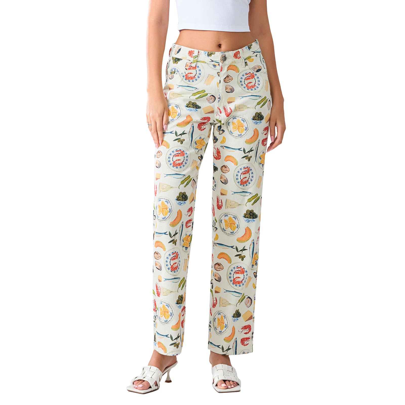 Calça Jeans Feminina Estampada de Frutas