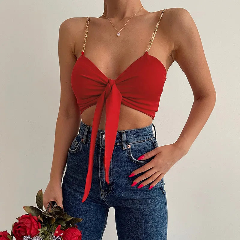 Top Cropped Vermelho com Alças de Corrente