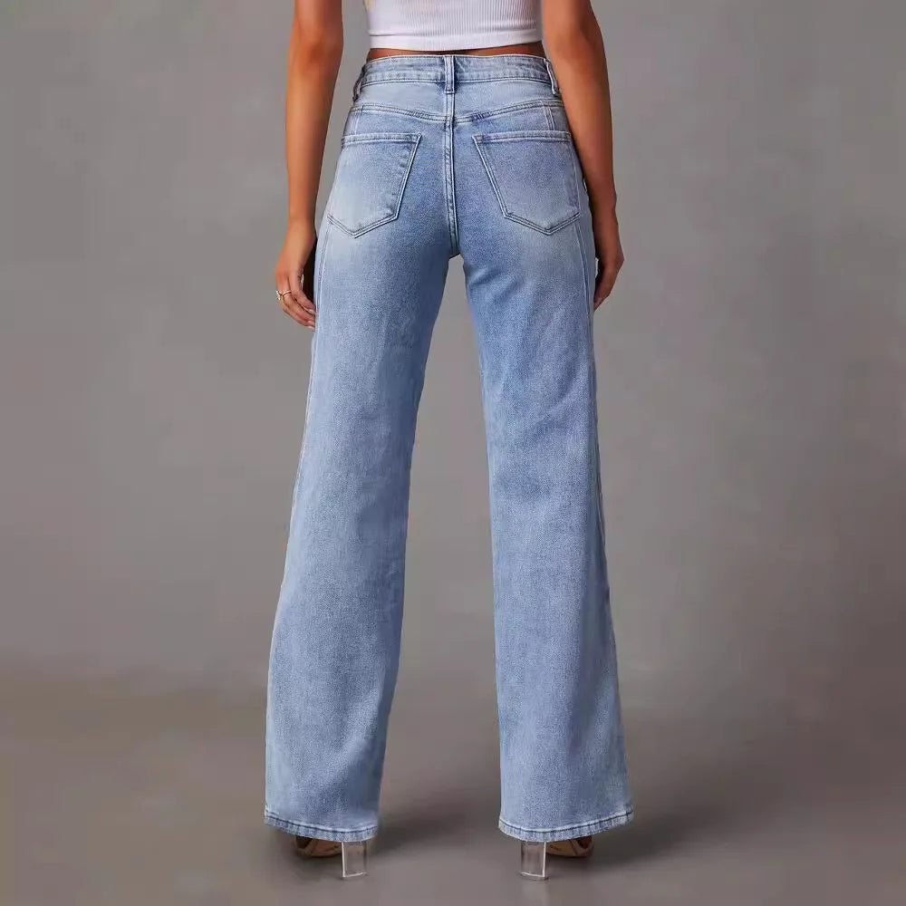 Calça Jeans Lavada Vintage de Perna Reta e Larga com bolsos Klohe