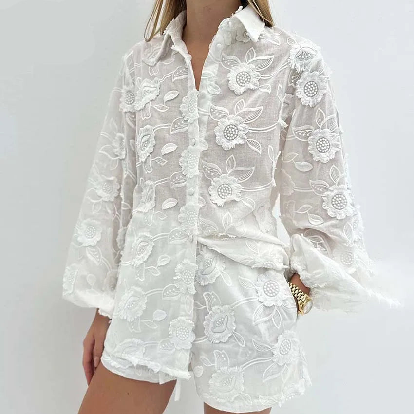 Conjunto de Algodão Branco com Botões Jacquard