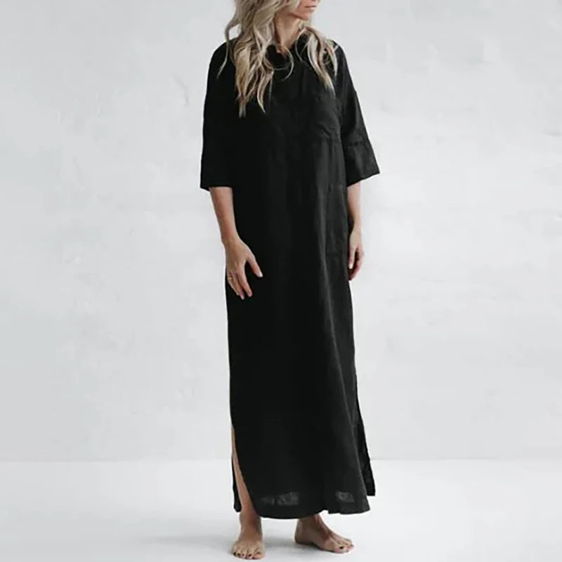 Vestido Chemise Midi de Algodão e Linho na cor preta: peça clássica e elegante para ter no guarda-roupa. Ideal para qualquer ocasião. Encontre aqui na loja Klohe.