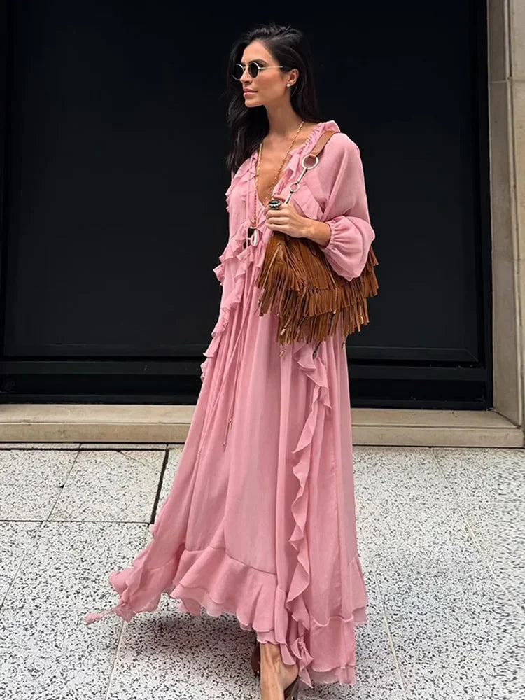 Vestido Longo de babados Rosa Boho