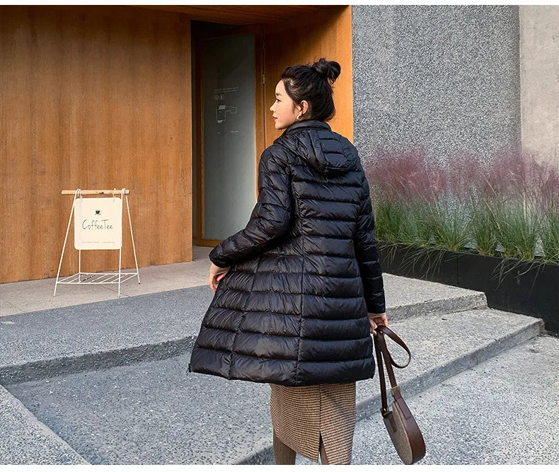 Mulheres de inverno fino para baixo casacos remover com capuz parka cor sólida feminino longo luz fina outerwear senhora moda quente puffer jaquetas