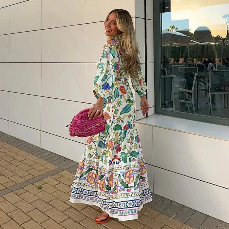 Produto Vestido maxi estampado em flores feminino, gola V, manga lanterna, vestido longo em linha A feminino, robe sexy, primavera, verão, praia, moda, novo, 2024 - 1