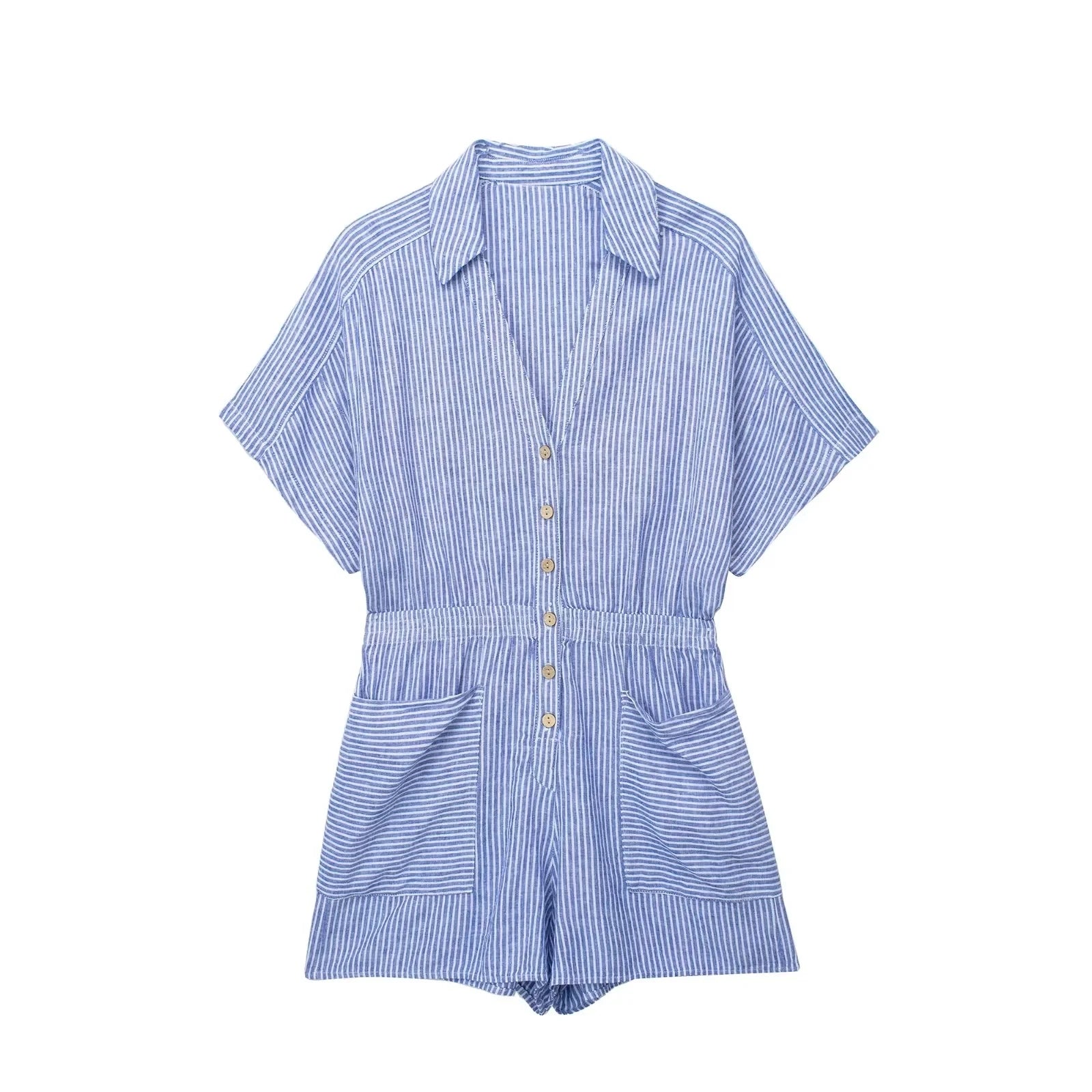 Macaquinho Feminino de Canhãmo Listrado Azul