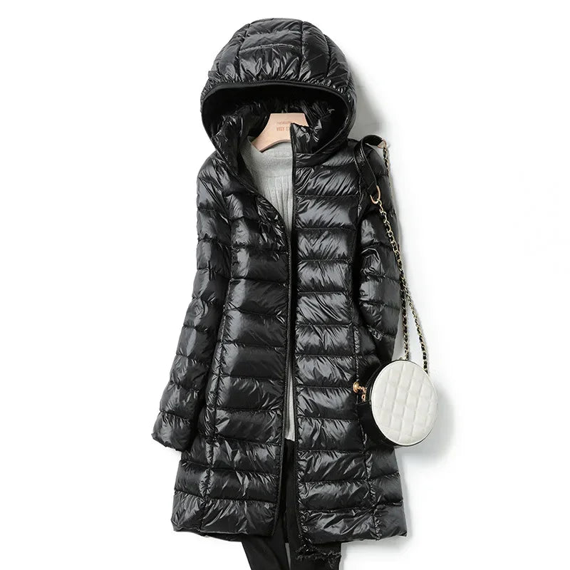Mulheres de inverno fino para baixo casacos remover com capuz parka cor sólida feminino longo luz fina outerwear senhora moda quente puffer jaquetas