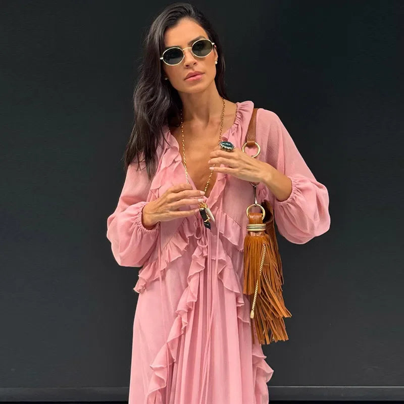 Vestido Longo de babados Rosa Boho