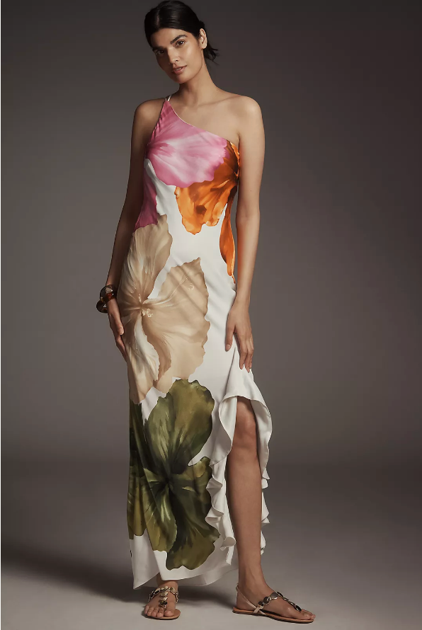 Vestido Chérie Longo  de Alça Única e Abertura Lateral de Babados