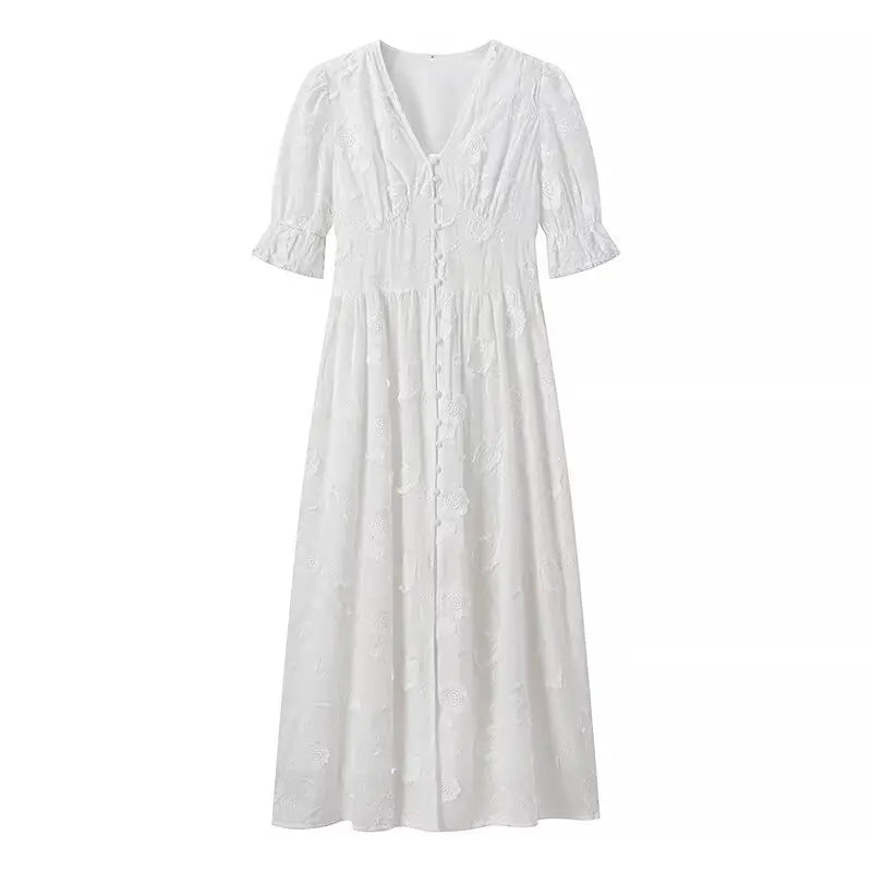 Vestido Maxi Elegante com Bordado Floral e Manga Puff