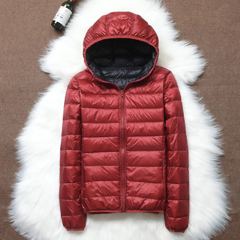90% ultra-leve fino para baixo jaqueta feminina outono inverno dupla face curto quente pato branco para baixo casaco parka feminino portátil outerwear