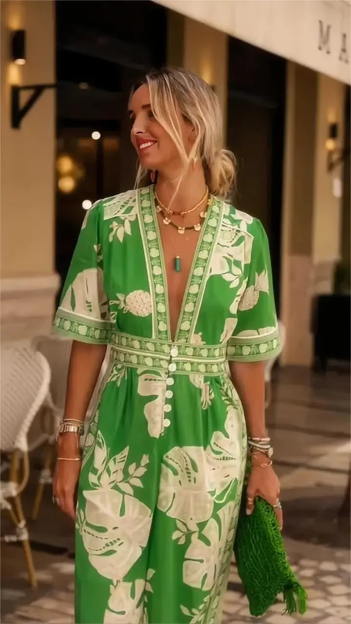 Produto Impressão flor feminina macacões para o verão manga curta bandagem solta moda streetwear macacão calças de perna larga 2024 - 1