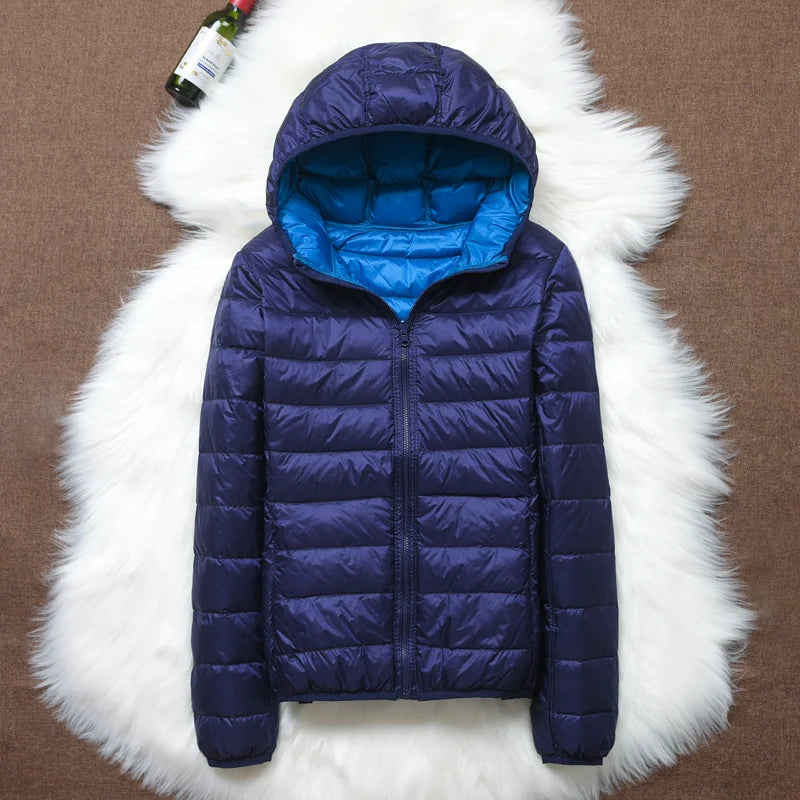 90% ultra-leve fino para baixo jaqueta feminina outono inverno dupla face curto quente pato branco para baixo casaco parka feminino portátil outerwear