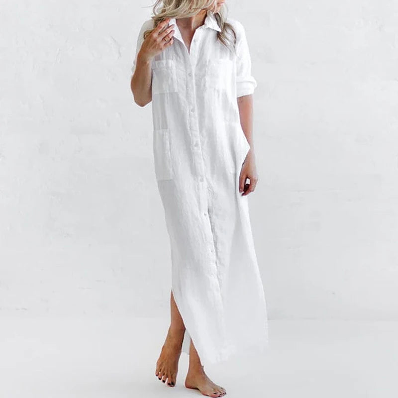 Vestido Chemise Midi de Algodão e Linho na cor branca: peça clássica e elegante para ter no guarda-roupa. Ideal para qualquer ocasião. Encontre aqui na loja Klohe.