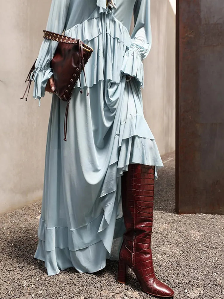 Elegante babados hem azul vestido longo moda feminina alargamento manga cheia decote em v rendas até vestidos midi verão 2025 casual férias robes