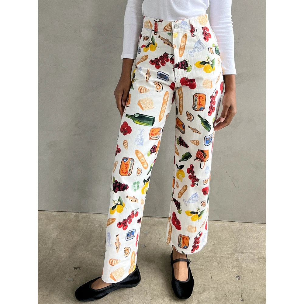 Calça Jeans Feminina Estampada de Frutas