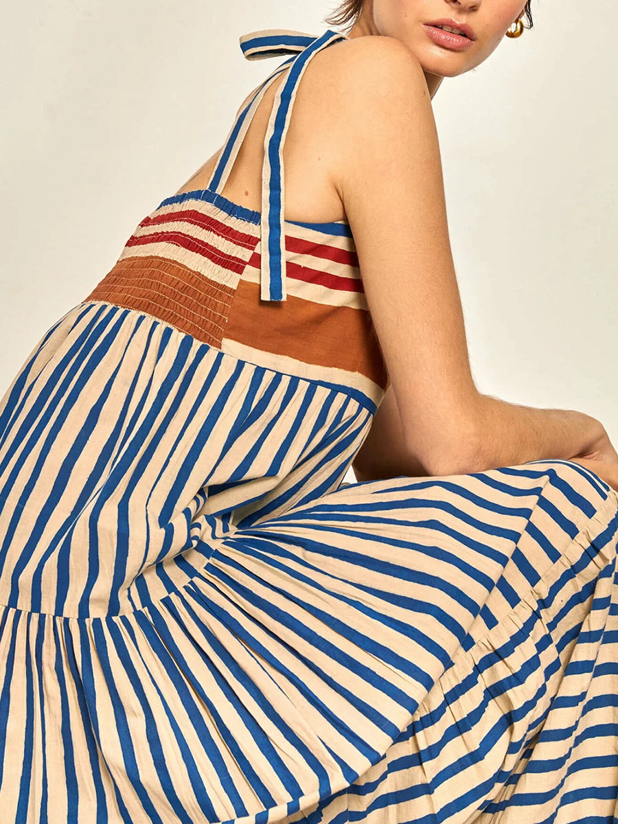 Vestido Maxi Vintage com Estampa Listrada