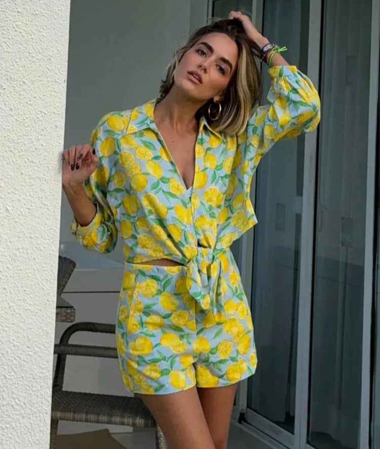 Shorts Femininos de Linho com Estampa de Frutas-2