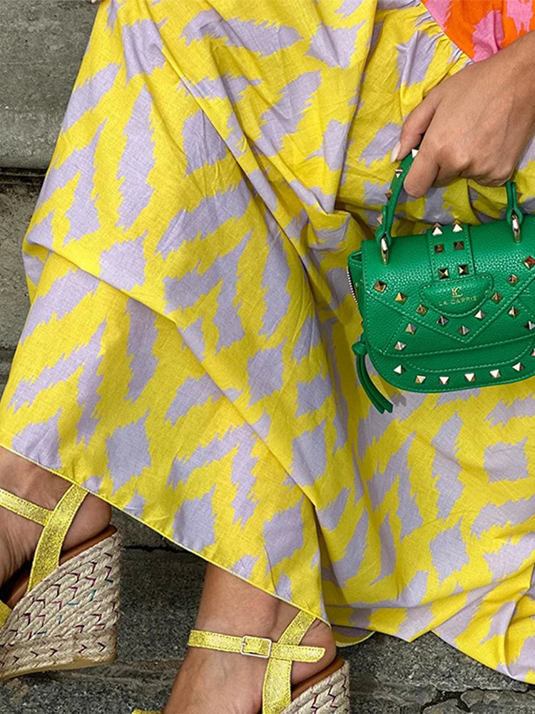 Vestido estampado em retalhos para mulheres, gola redonda chique, vestidos grandes sem mangas, férias femininas, nova moda, verão 2024