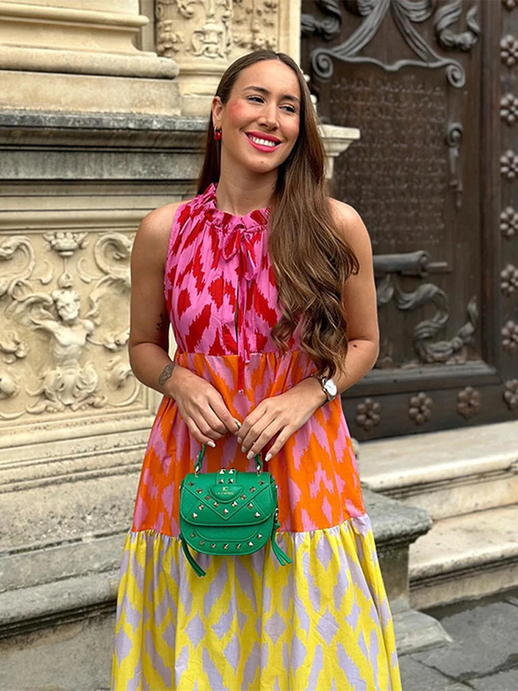 Vestido estampado em retalhos para mulheres, gola redonda chique, vestidos grandes sem mangas, férias femininas, nova moda, verão 2024