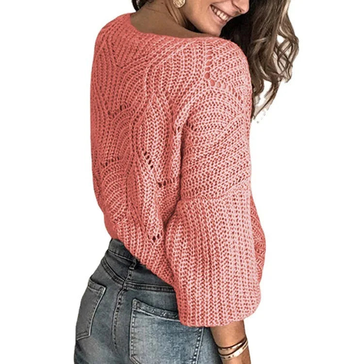 Suéter feminino de malha de cor sólida oca feminina, com gola redonda estilo americano retrô .